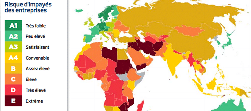 Carte de monde qui indique les risques d'impayés des entreprises