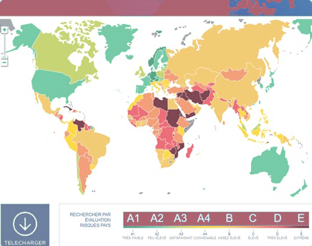 Carte du monde qui classe les pays par couleurs selon les risques