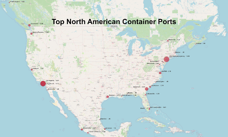 Carte des principaux ports à conteneurs nord-américains